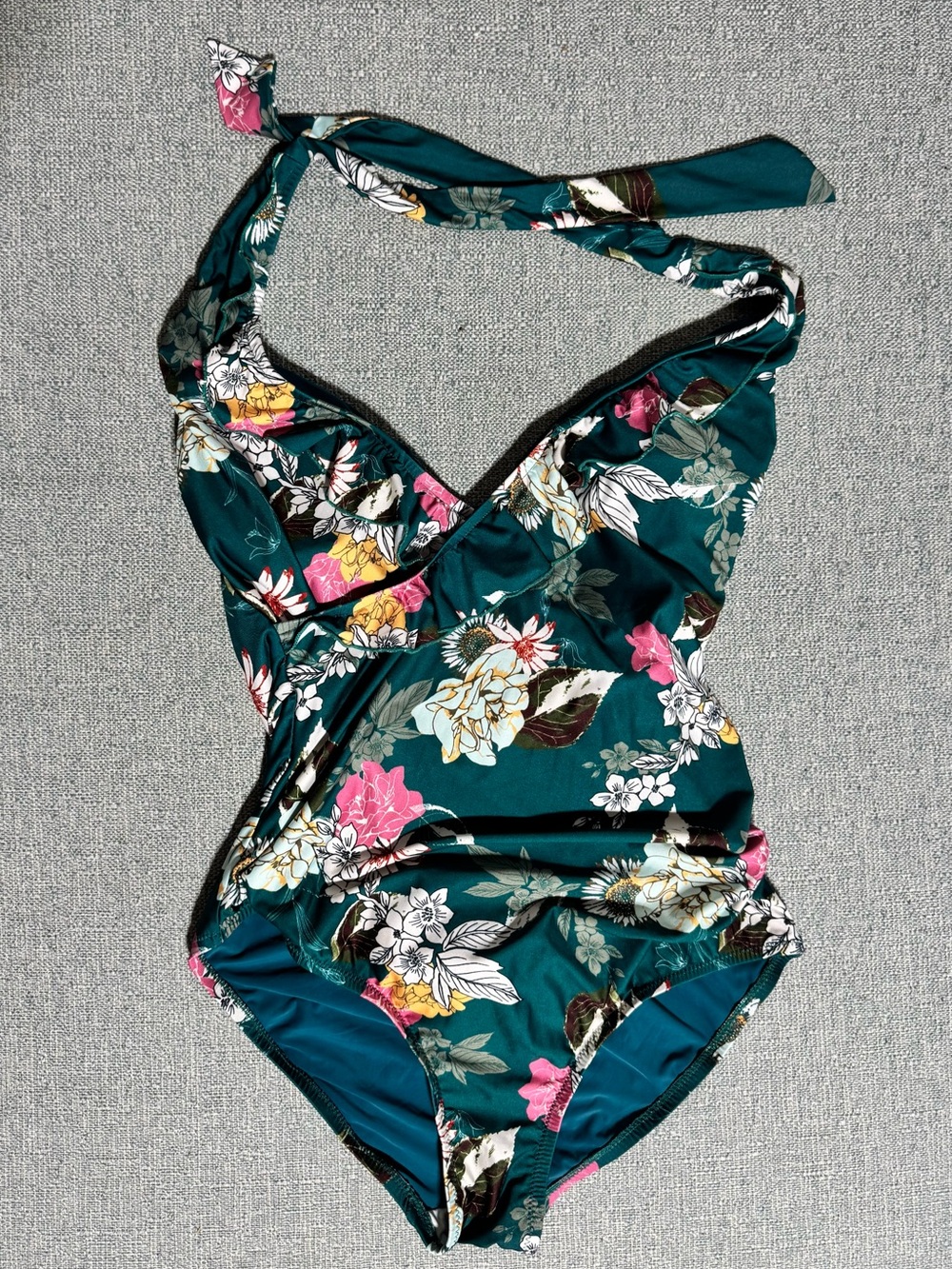 ModCloth Floral Halter One-Piece Swimsuit Size Large Padded Bust, Ruffle Detail